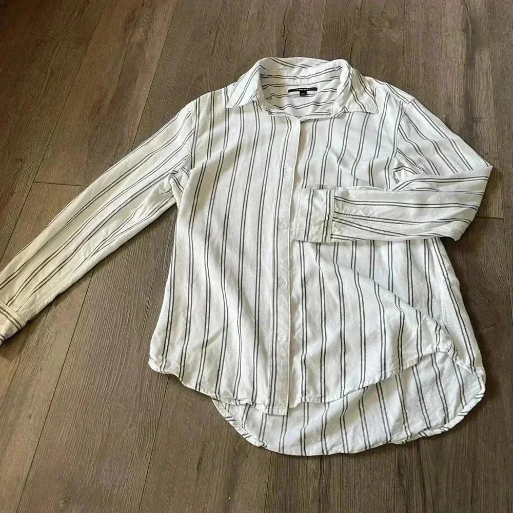 Tahari White with Black Stripes  LS Button Down Shirt, 97% Rayon- SZ M